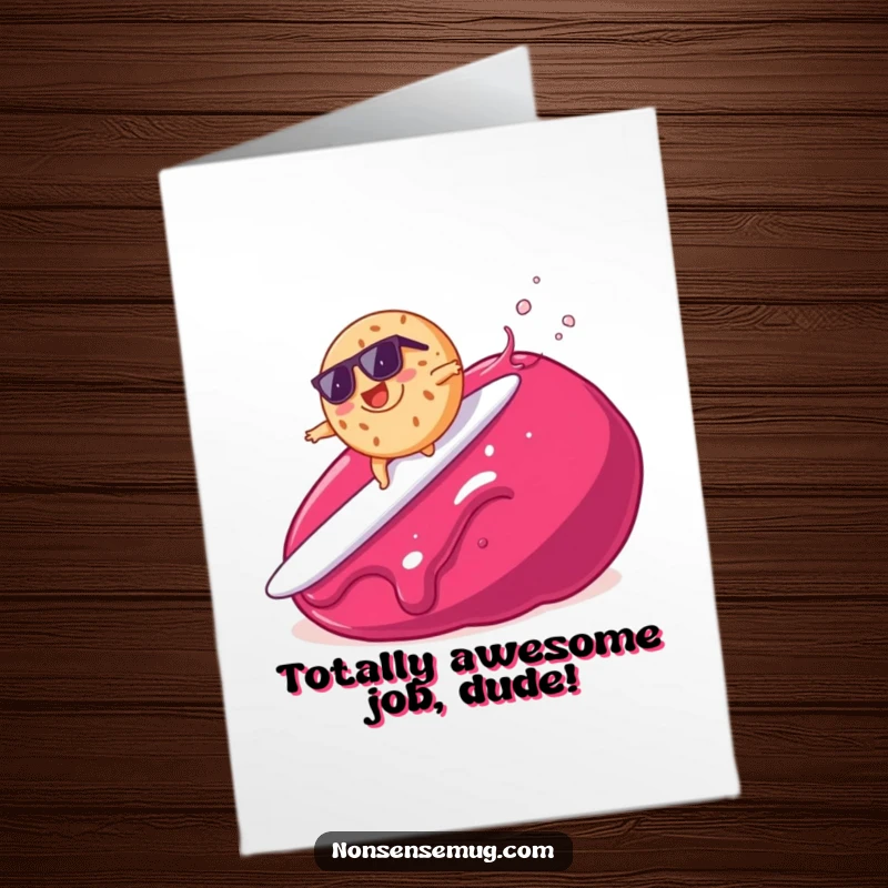 Funny Free Printable Congratulations Card featuring a bagel with sunglasses surfing a huge jam blob, symbolizing a successful, adventurous feat.