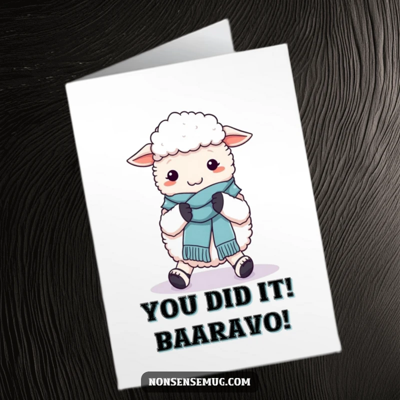 Funny Free Printable Congrats Card: A fluffy sheep struggles comically to knit a scarf on its own feet, perfect for celebrating wins.