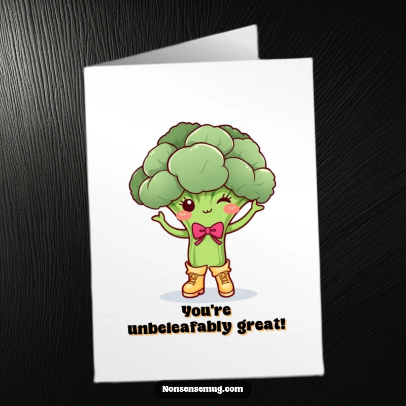 Funny Free Printable Congratulations Card: A broccoli dancing joyfully, wearing tiny boots and a bow, commemorating an achievement. Downloadable.