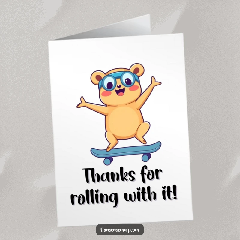 Funny Free Printable Thank You Card: Comical hot dog in yoga pose on a skateboard, expressing thanks with a grin.