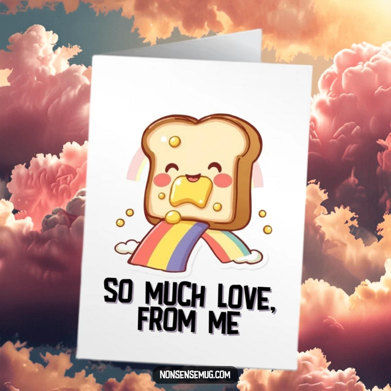Funny Free Printable Thank You Card: A happy slice of toast with butter sliding down a rainbow, expressing thanks. Downloadable.