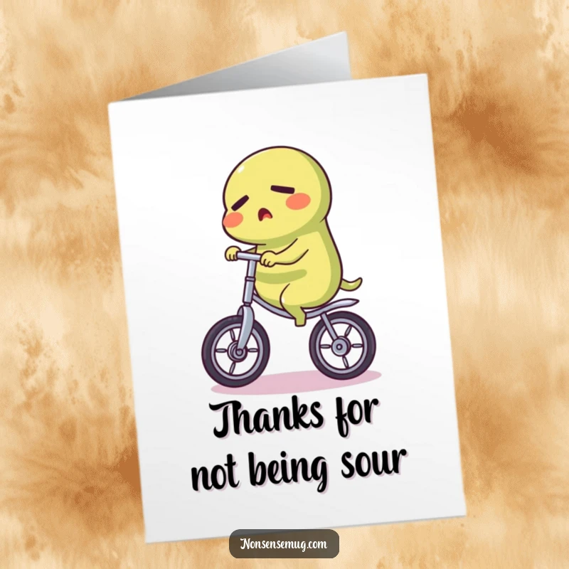 Funny Free Printable Thank You Card: A determined pickle riding a unicycle, conveying a heartfelt thank you.