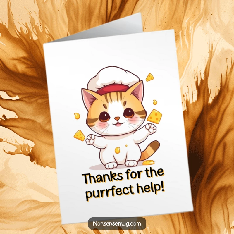 Funny free printable thank you card: a cat wearing a chef hat juggles gooey, melting cheese, offering thanks with a grin.