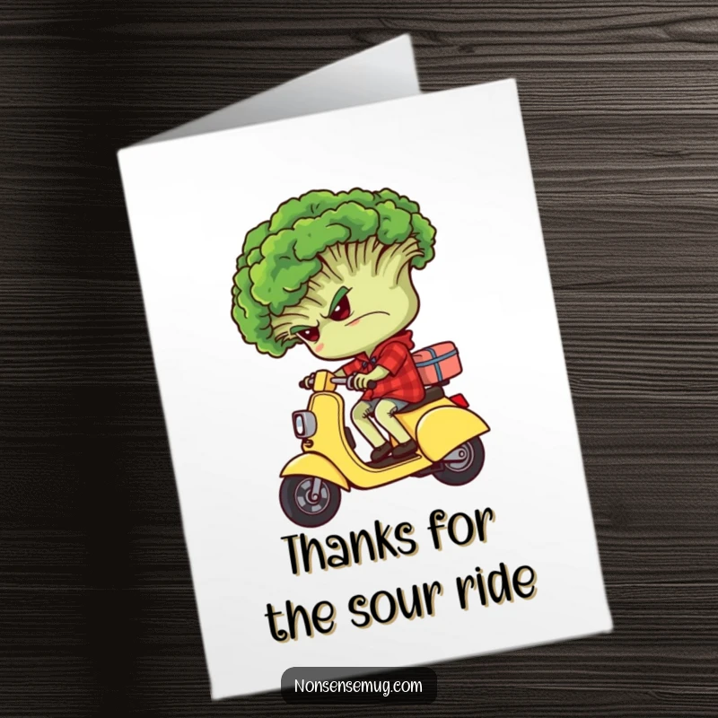 Funny Free Printable Thank You Card: A grumpy broccoli head rides backwards on a tiny scooter, depicting a comically bad decision.