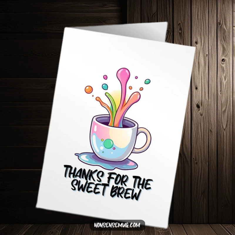 Funny Free Printable Thank You Card: Coffee mug spills a rainbow, a colorful expression of gratitude downloadable gift.