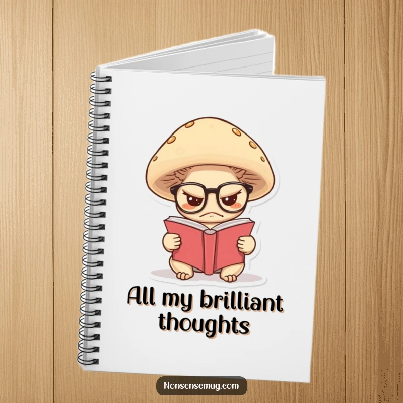 Funny notebook of a grumpy mushroom wearing glasses, reading a tiny book, perfect for recording profound thoughts.