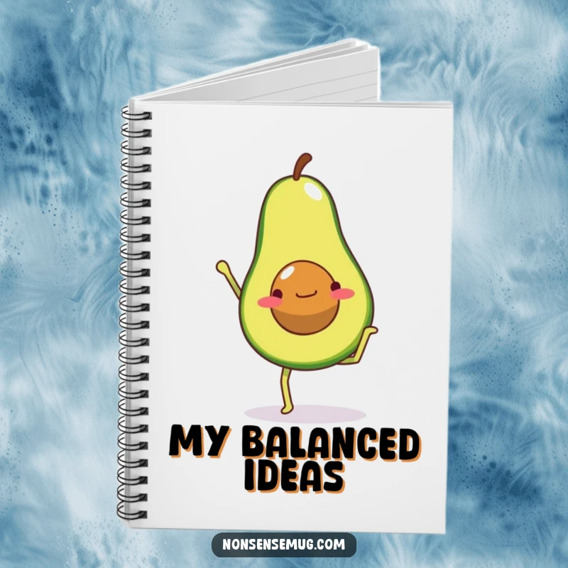 Funny notebook cover with an avocado character with legs attempting a handstand, perfect for recording fitness goals and healthy recipes.