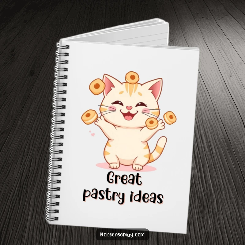 Funny cat juggling sentient breakfast pastries with a silly grin, on the cover of a lined notebook. Great for writing.