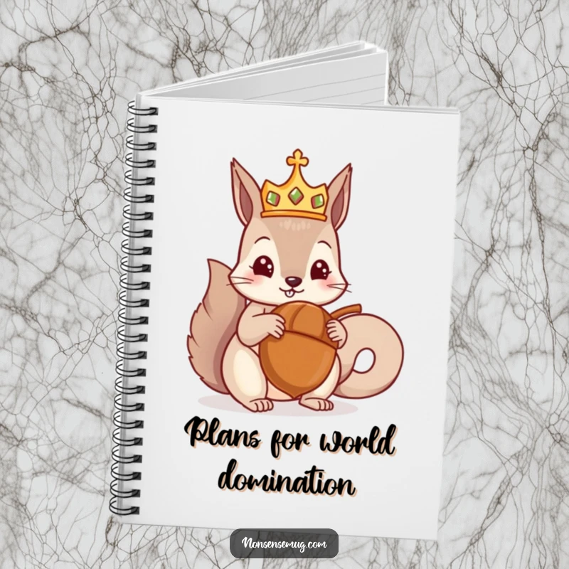 Funny notebook cover with a crowned squirrel being presented with a giant acorn, perfect for jotting down ideas with nutty and regal charm, ideal funny gift.