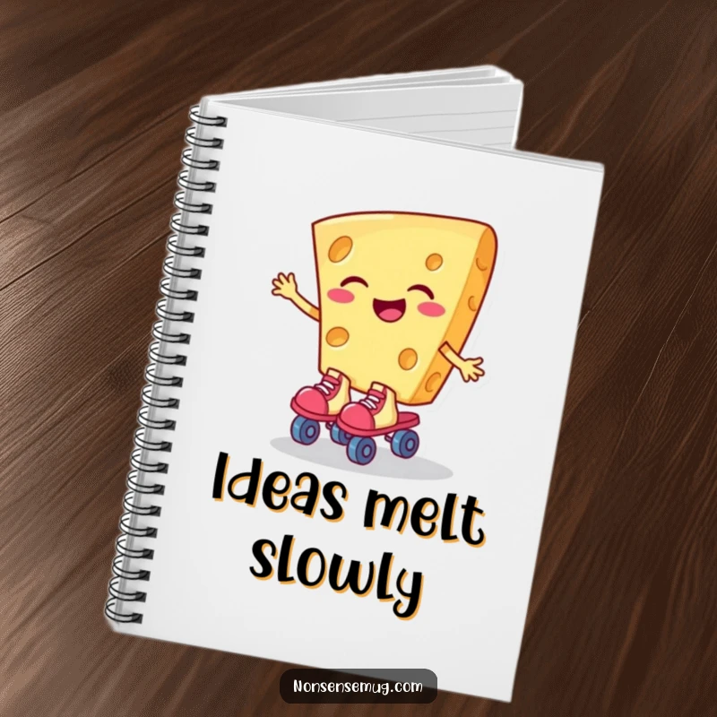 Funny notebook featuring a giggling slice of cheese on roller skates, ideal for notes, doodles, and cheesy thoughts.