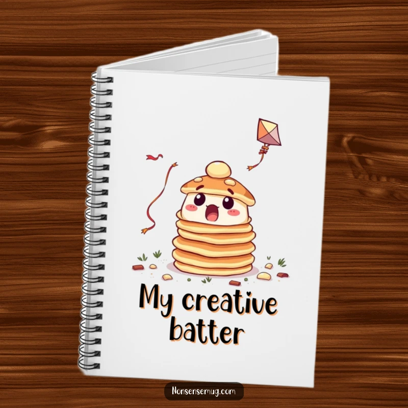 Funny notebook with a surprised pile of pancakes hilariously trying to fly a kite, ideal for quirky notes.
