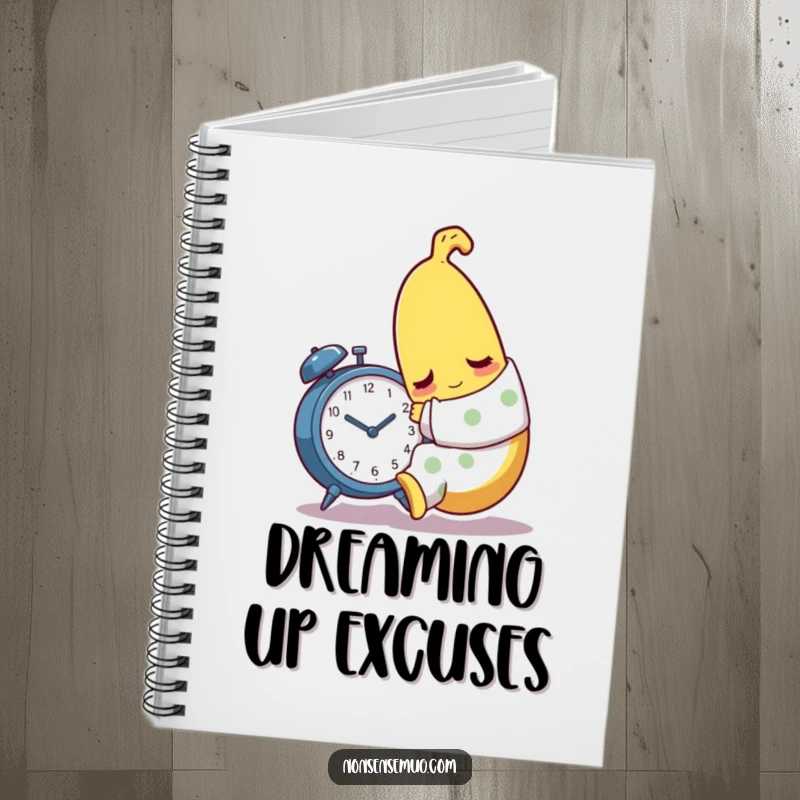 Funny sleepy banana character in pajamas, hugging an alarm clock, on a notebook cover.