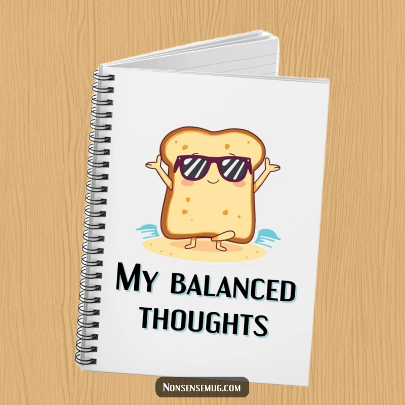 Funny slice of toast in sunglasses doing a yoga pose on a beach on the cover of a notebook.