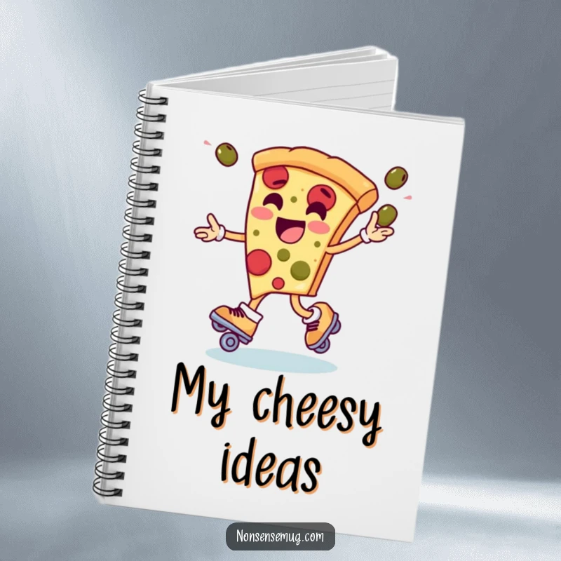 Funny notebook cover with a dynamic pizza slice character on roller skates, juggling olives, perfect for creative brainstorming.