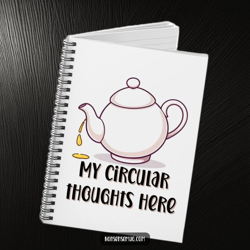 Funny teapot illustration, pouring tea into its own spout, on the cover of a notebook.