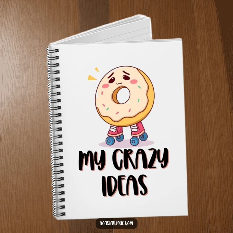 Funny donut notebook cover showing a confused donut hilariously attempting roller skates, inspiring note-taking with sweet humor.