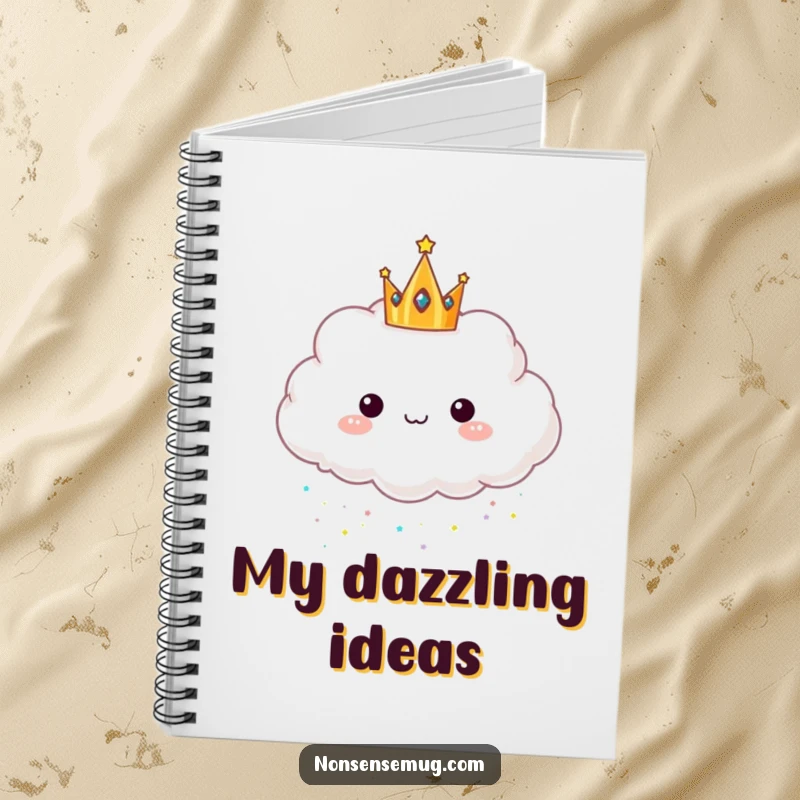 Funny notebook cover with a cloud wearing a crown and raining glitter, perfect for capturing notes and ideas with a whimsical theme.