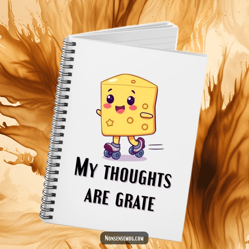Funny cheese slice wearing roller skates, ready for action, on a notebook cover, perfect funny gift.