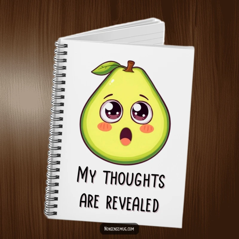 Funny avocado notebook, a playful journal featuring a surprised avocado with googly eyes, ideal for notes.