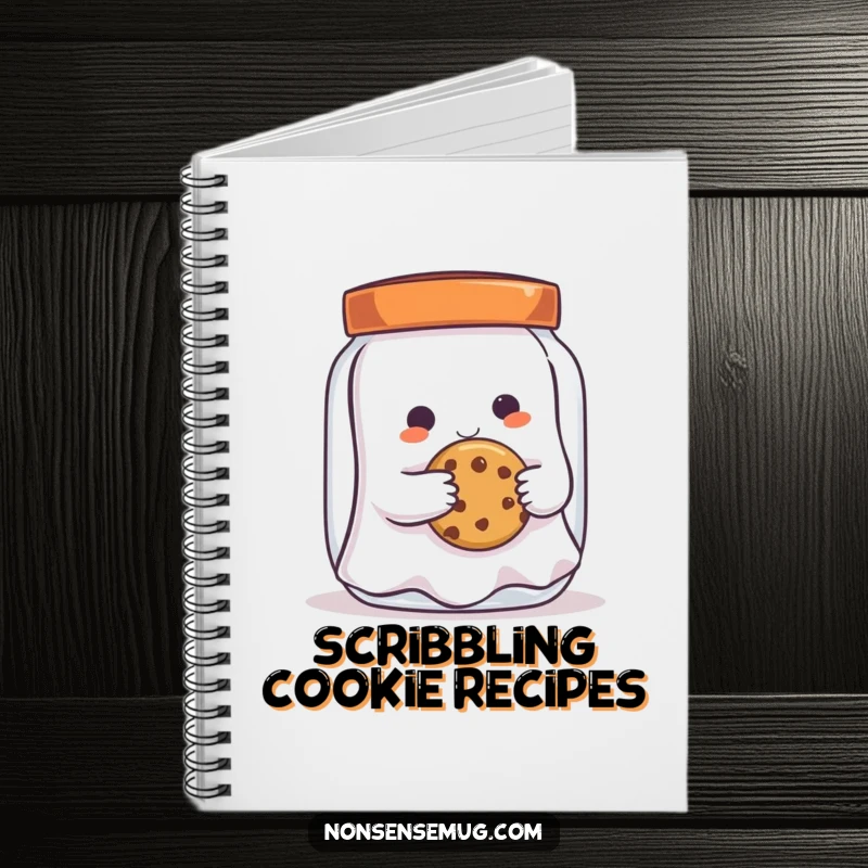 Funny mischievous ghost, trying to grab a cookie, on the cover of a notebook, inspiring humorous entries and sweet ideas.