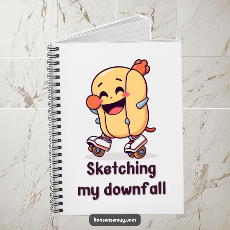 Funny notebook: A grinning hot dog on roller skates, poised for a comical tumble. Ideal for jotting down funny thoughts and doodles.