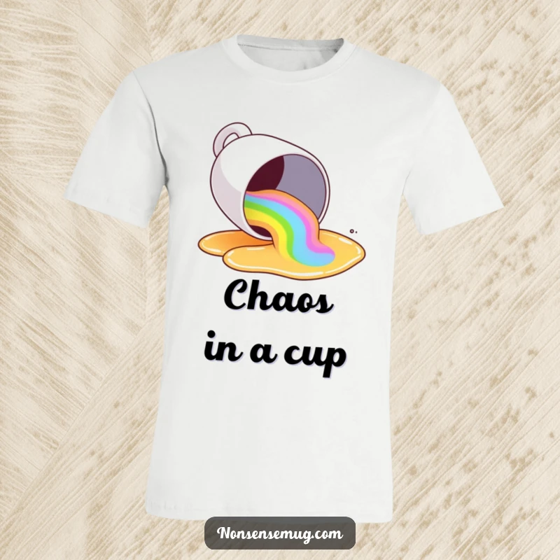 Funny coffee mug spilling a rainbow of colorful liquid, wearing a t-shirt, celebrating vibrant energy and humor.