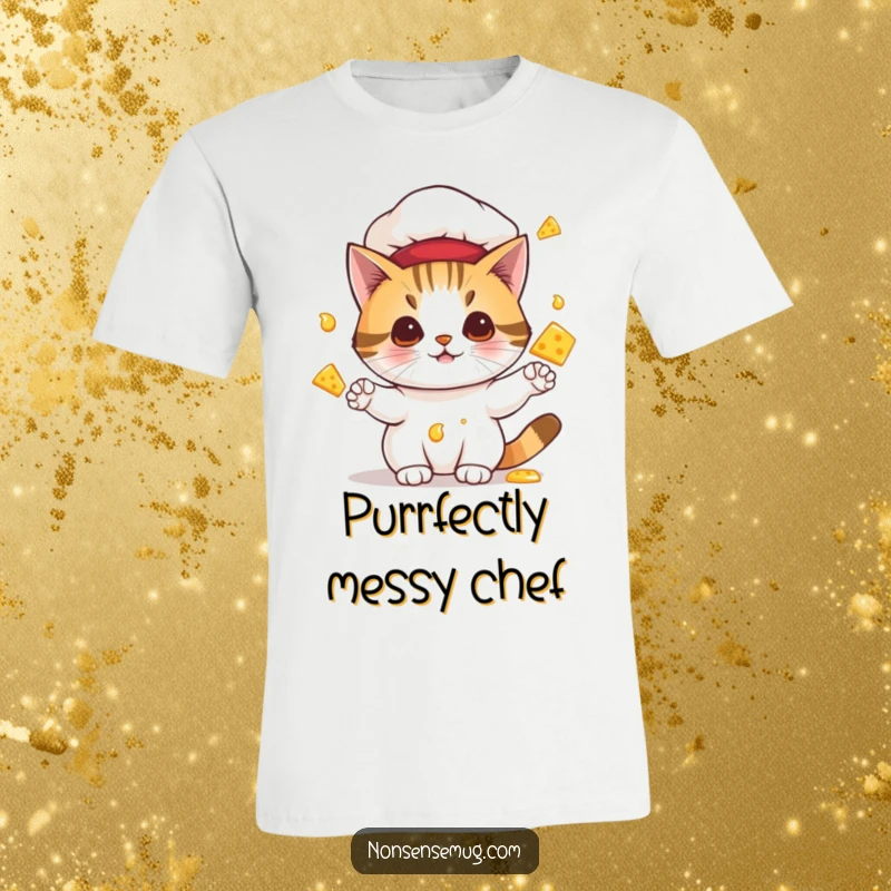 Funny t-shirt featuring a cat in a chef hat juggling melting cheese, a humorous depiction of feline culinary ambition.