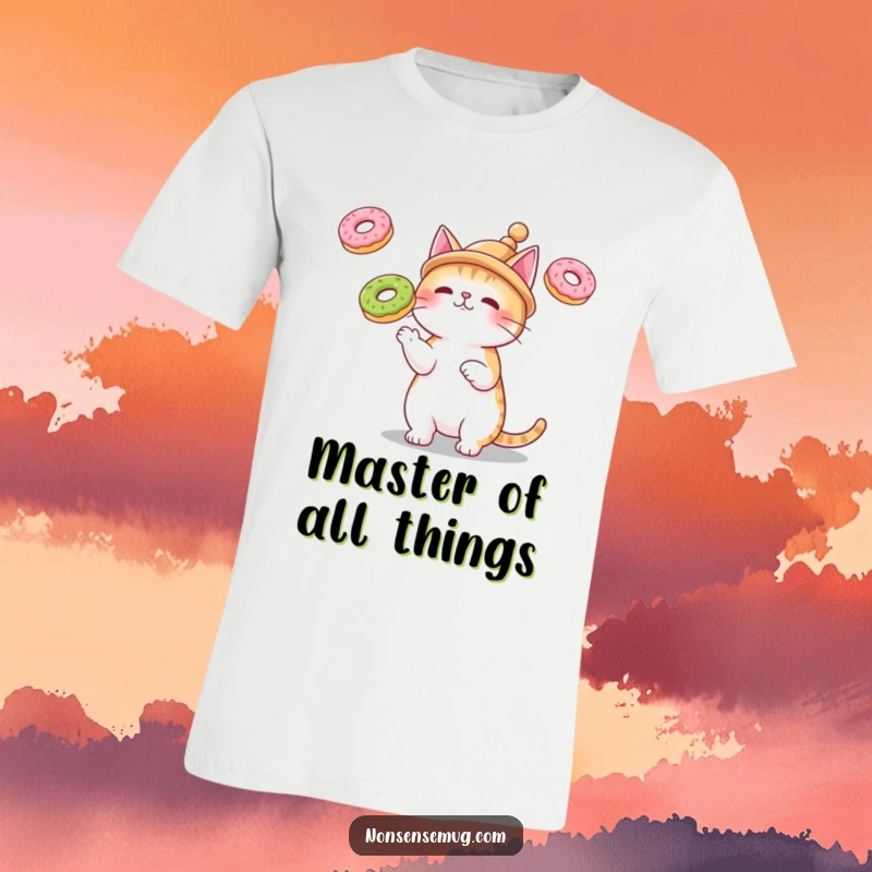 Funny t-shirt with a cat in a small hat, juggling three flying donuts, ideal for a whimsical and humorous gift.