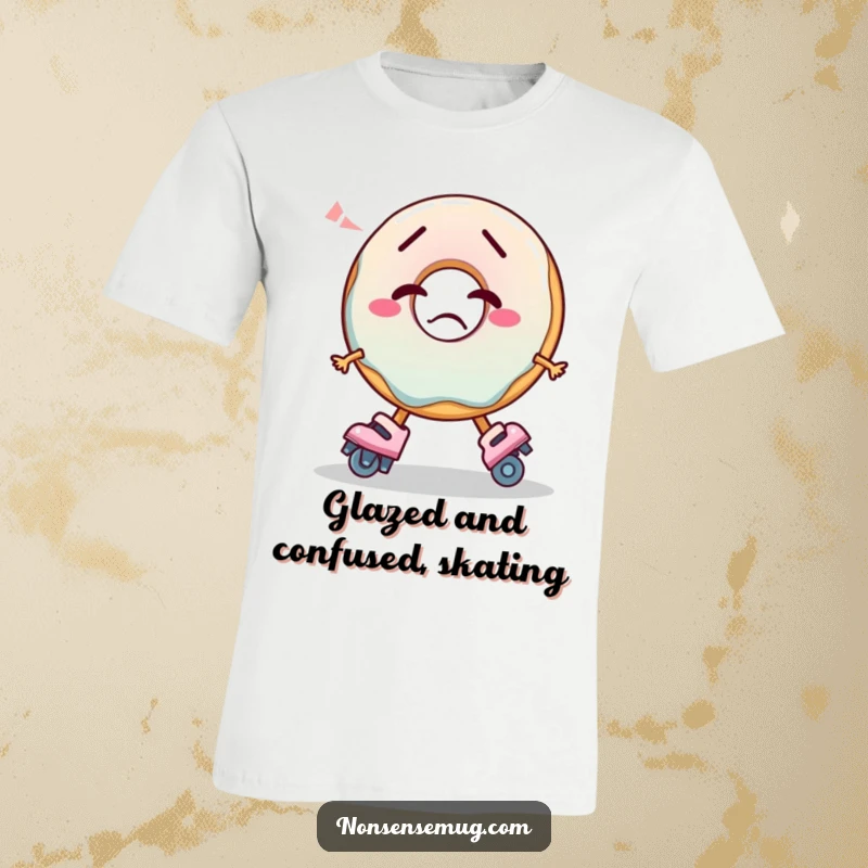 Funny T-Shirt featuring a confused donut hilariously trying to put on roller skates, radiating silliness.