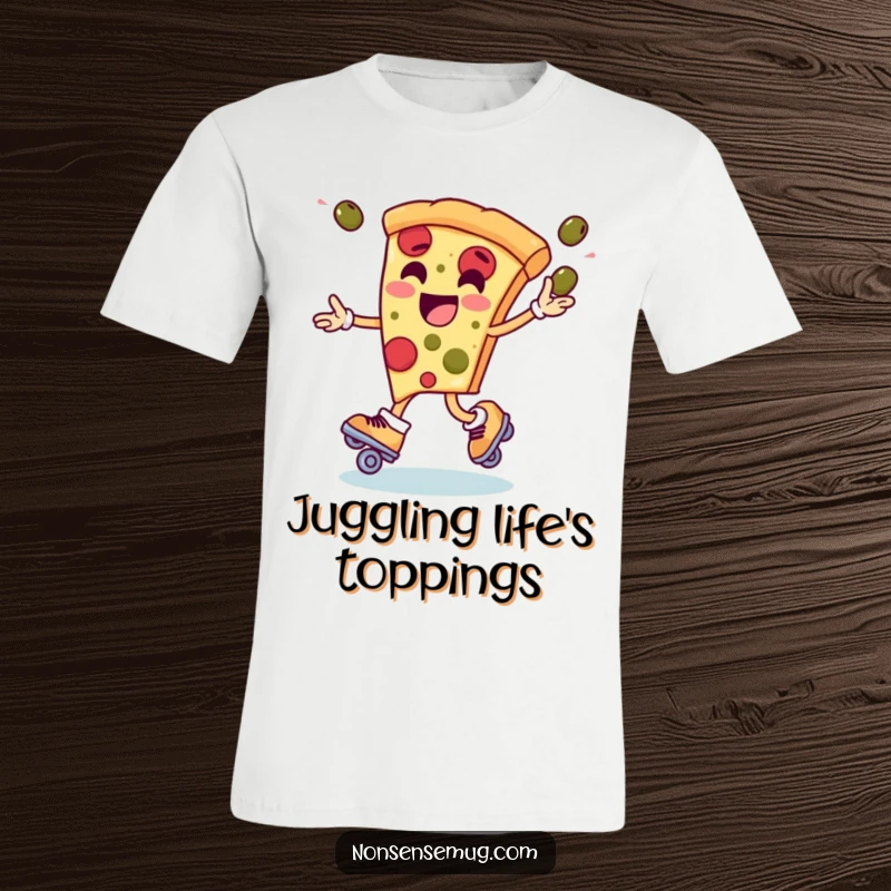 Funny t-shirt graphic of a pizza slice on roller skates, actively juggling olives with a determined, yet cheerful, expression.
