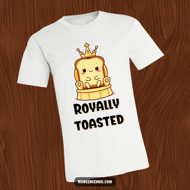 Funny t-shirt featuring a slice of toast wearing a tiny crown, sitting on a banana peel throne, exuding royal silliness.