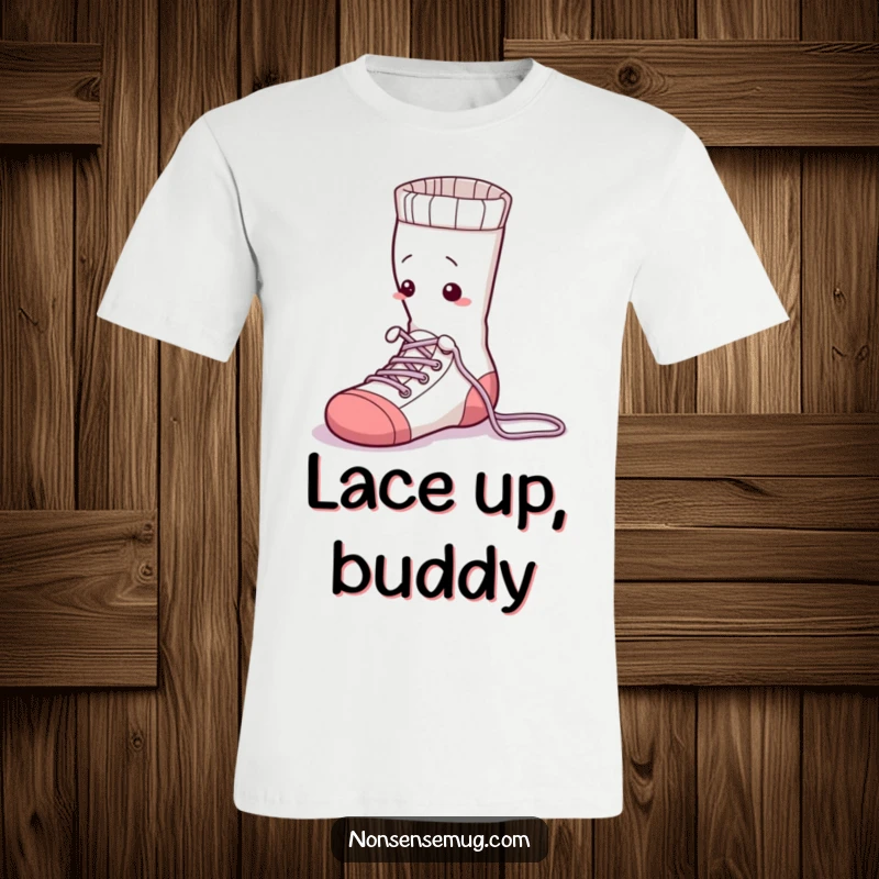 Funny sentient sock, attempting to tie its own laces, printed on a t-shirt, evoking humor about clothing and daily struggles.