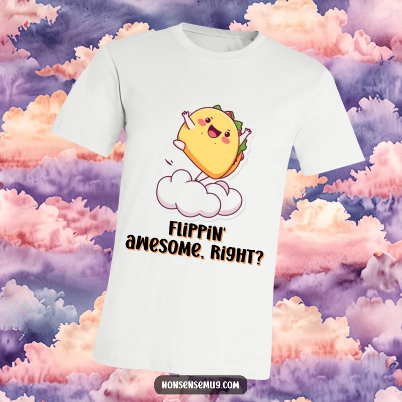 Funny t-shirt featuring a dynamic taco executing a backflip off a cloud, perfect for lively and humorous individuals.