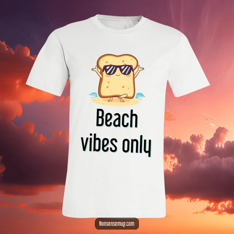 Funny slice of toast in sunglasses doing a yoga pose on a beach, printed on a t-shirt.