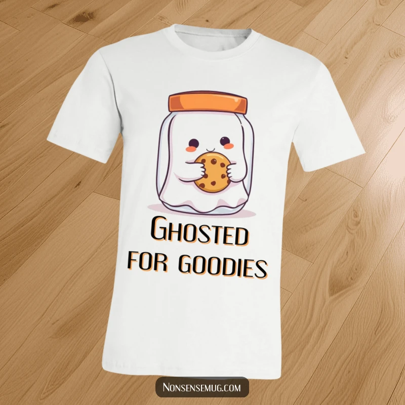 Funny mischievous ghost, reaching for a cookie in a jar, printed on a t-shirt, capturing a moment of playful temptation.