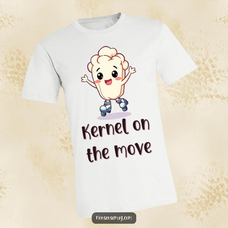 Funny bouncing popcorn kernel wearing tiny roller skates and looking exhilarated, printed on a t-shirt, a great funny gift.
