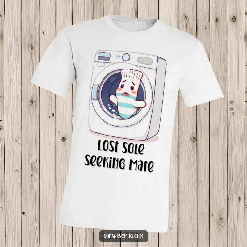 Funny sock making a desperate escape from a washing machine on a t-shirt, conveying comical frustration. Ideal funny gift for laundry lovers.