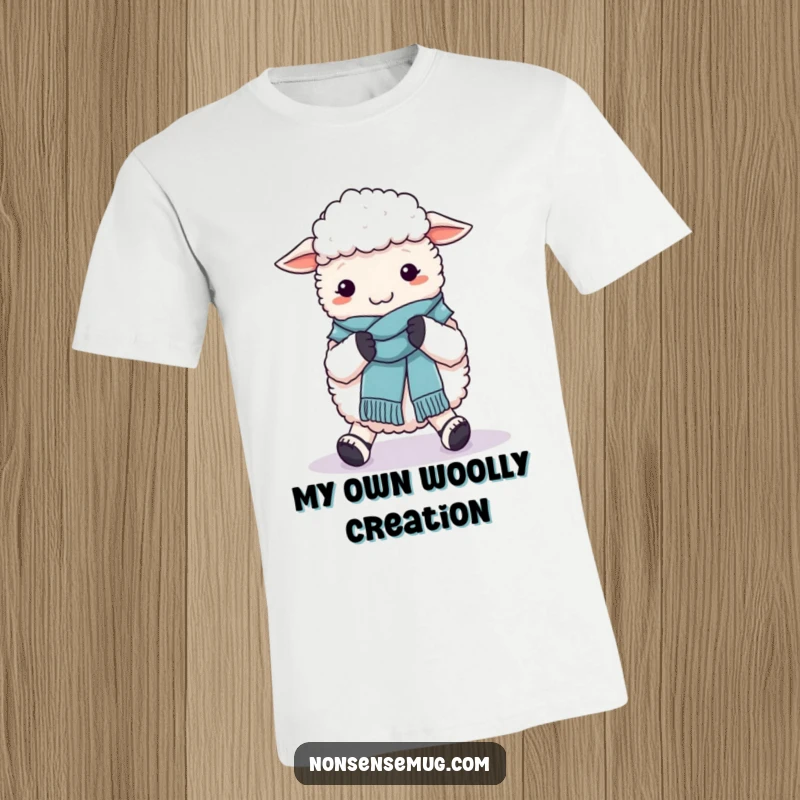 Funny t-shirt of a sheep struggling to knit a wool scarf around its own feet, a humorous depiction of crafting chaos.