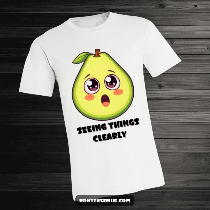 Funny avocado t-shirt, a surprised fruit with comical googly eyes, perfect for casual, humorous style.