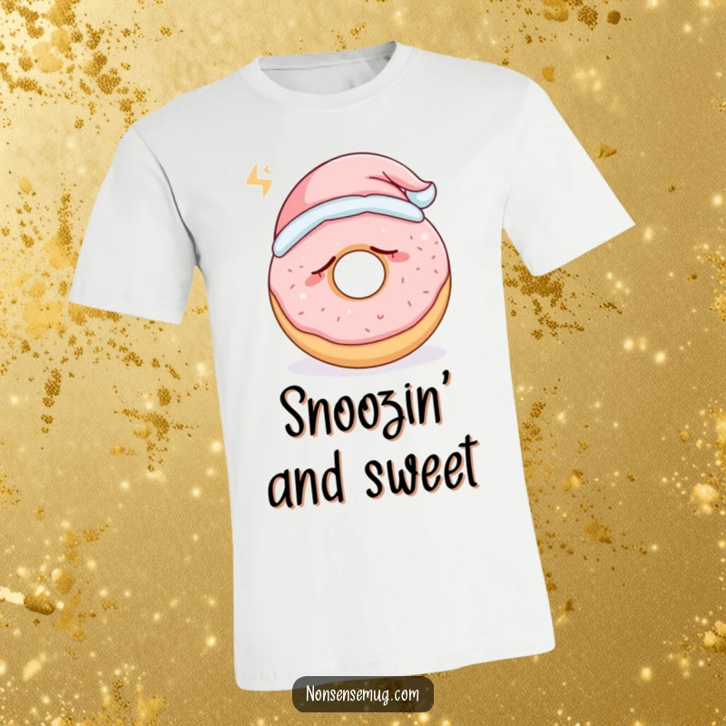 Funny sleepy donut wearing a tiny nightcap and snoring loudly, printed on a t-shirt, the ultimate funny gift for sleepyheads.