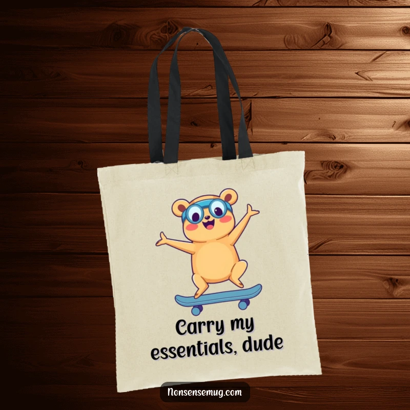 Funny tote bag with a cheerful hot dog striking a yoga pose while riding a skateboard, perfect for daily errands.