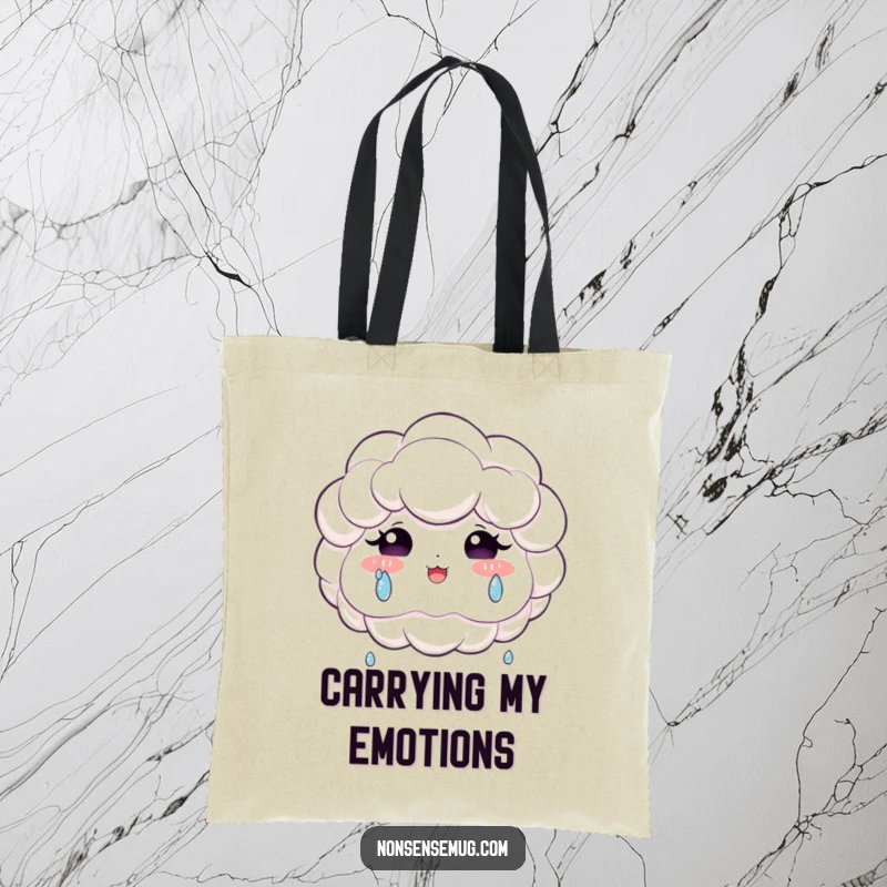 Funny tote bag design of a fluffy cloud happily crying large, sparkling tears of joy, symbolizing overwhelming happiness.