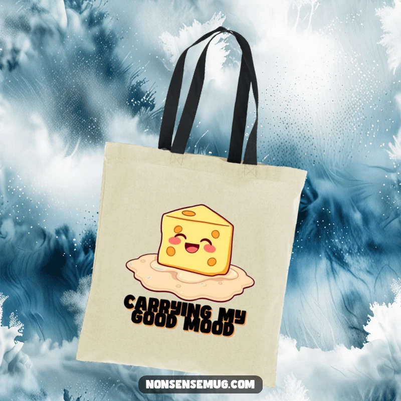 Funny Melting Cheese Tote Bag: Cheese melts into a laughing puddle, perfect for carrying humorous snacks.