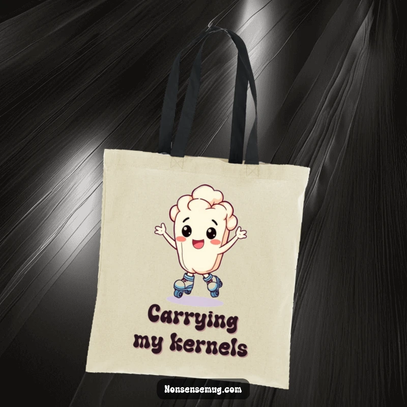 Funny bouncing popcorn kernel wearing tiny roller skates and looking exhilarated, on a tote bag, a fantastic funny gift.