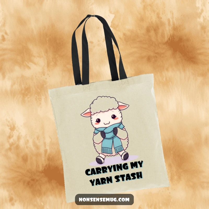 Funny tote bag with a sheep humorously knitting a wool scarf using its own feet, great for carrying supplies.