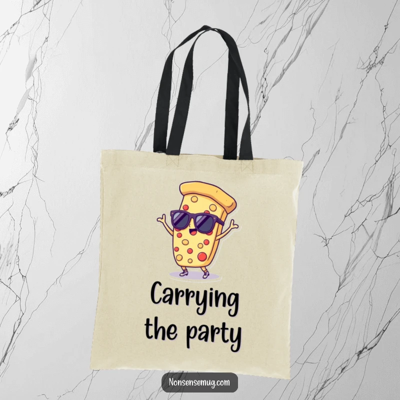 Funny tote bag featuring a slice of pizza in sunglasses, dancing happily, a perfect accessory for foodies on the move.