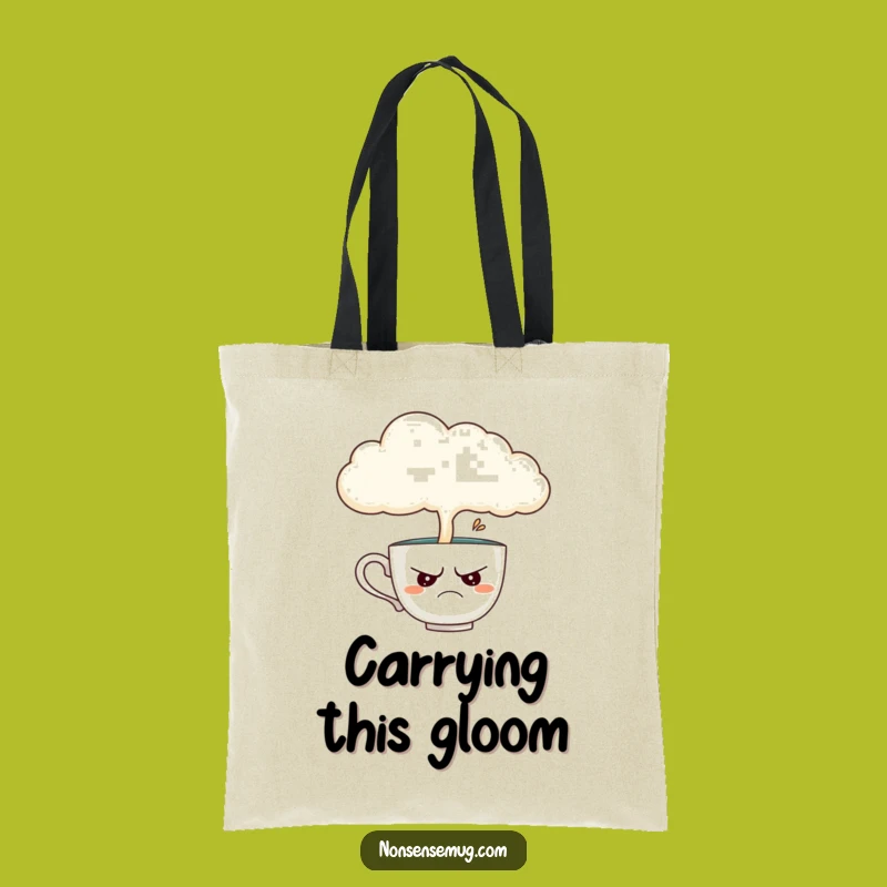 Funny Teacup Tote Bag: Disgruntled Teacup Under Rainy Cloud, Carry Your Mood Hilariously