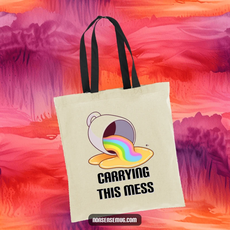 Funny coffee mug spilling a rainbow of liquid, printed on a tote bag, practical and humorously colorful.