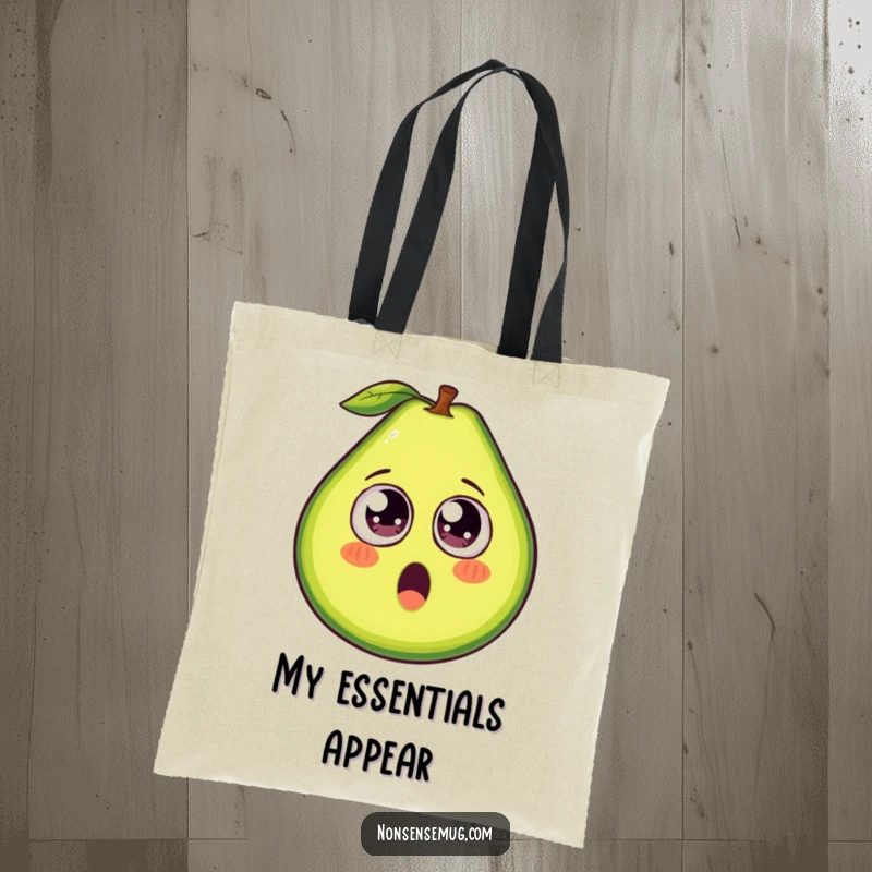 Funny avocado tote bag, a reusable bag showcasing an avocado with comical googly eyes, ideal for shopping.