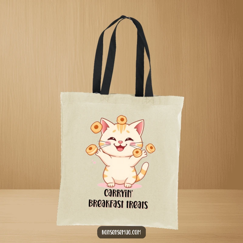 Funny cat juggling sentient breakfast pastries with a silly grin, on a durable tote bag. A humorous and practical accessory.
